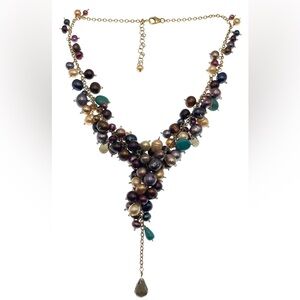 Vintage Gold Filled Y Necklace Multicolor Pearls & Crystals Statement Jewelry